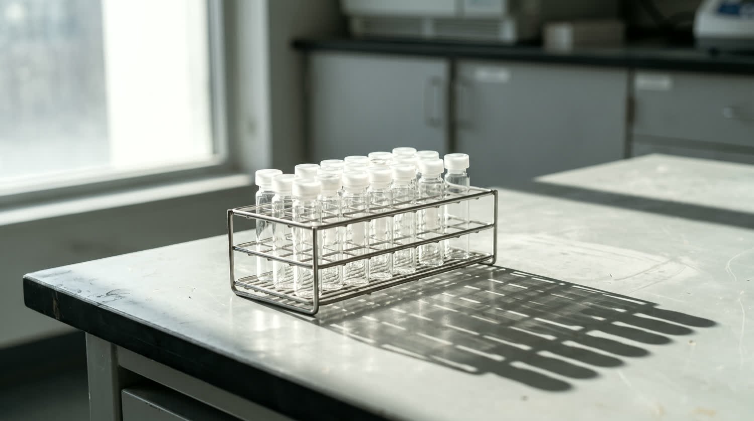 A rack of clear sample vials on a bench, daylight throwing long shadows across it.