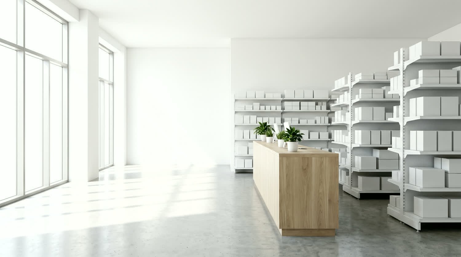 A daylit pharmacy-style storeroom, plain stock on the shelving.