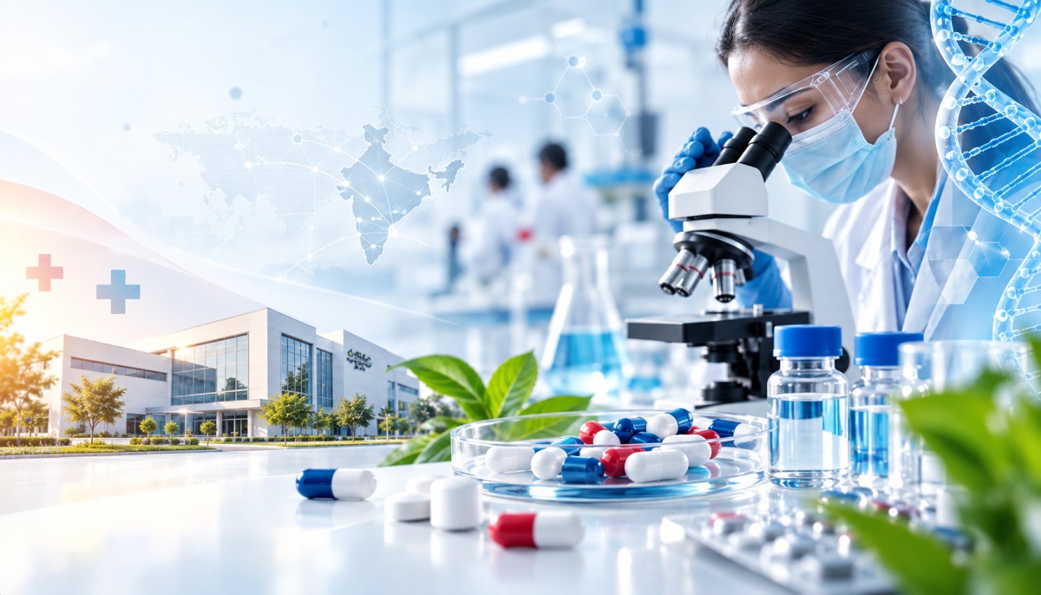 A scientist at a microscope beside capsules, sample vials and green leaves, with a map of India and a DNA strand drawn over the scene.