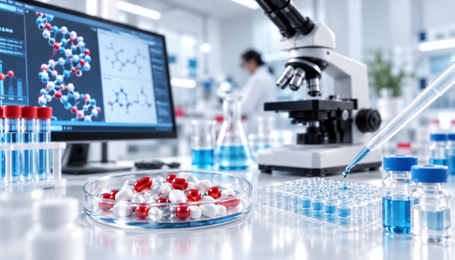 A bright pharmaceutical laboratory: red and white capsules in a petri dish, a microscope, sample vials and a molecular model on screen.